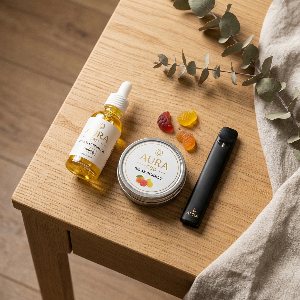 CBD products flat lay on wooden surface showing oil, gummies, and vape