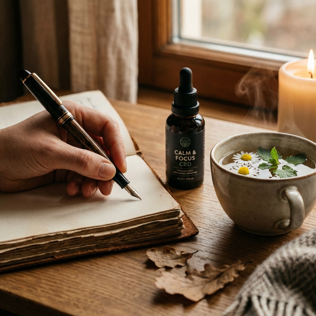 Hand writing in journal next to CBD oil bottle and herbal tea